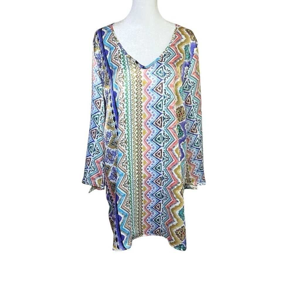 Jean-Pierre Klifa Colorful Bell Sleeve Tunic Top Boho Lightweight Silk Cute Sz L